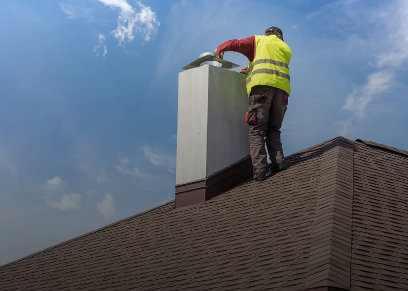 Worker inspecting chimney on rooftop
