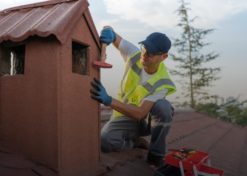 Construction worker repairing rooftop chimney